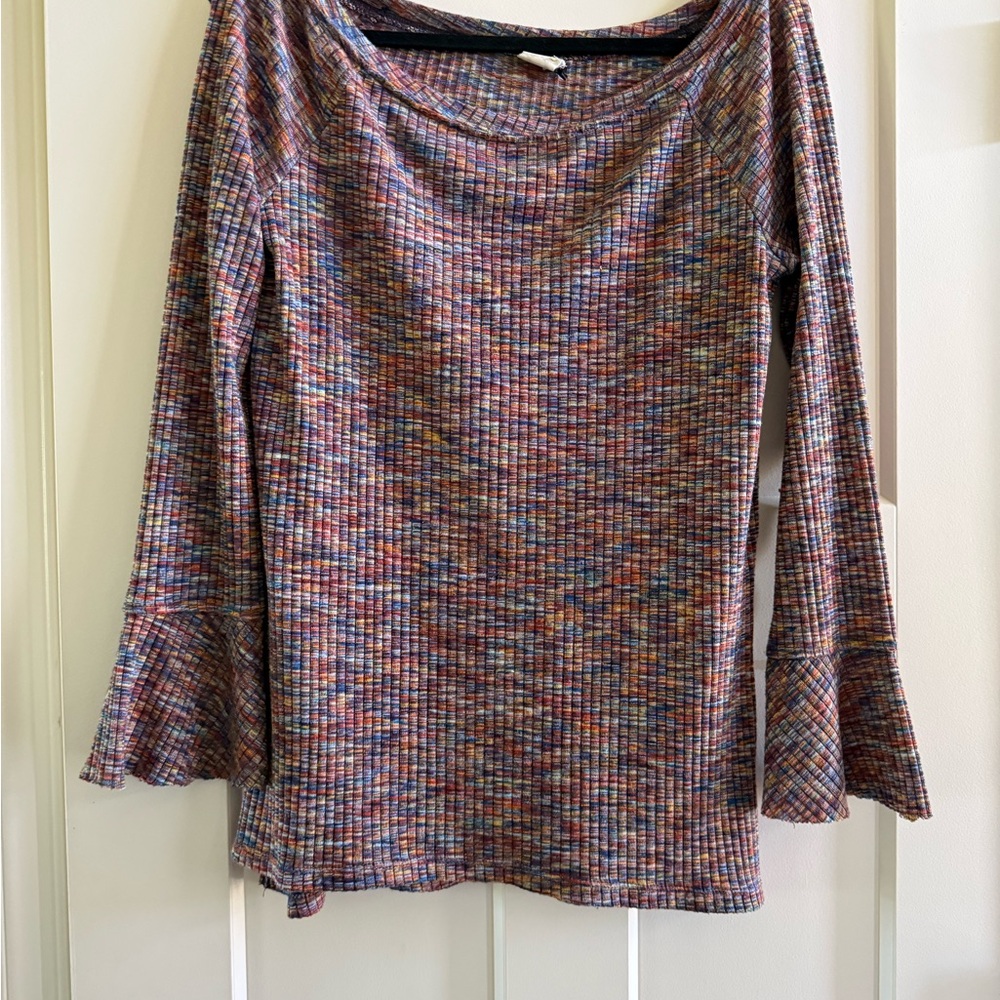 Multicolor Speckled Ribbed Long-Sleeve Top with Flared Cuffs